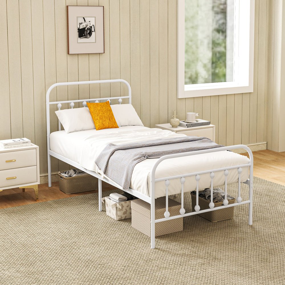 3ft Metal Single Platform Bed Frame w/ Underbed Storage Headboard White