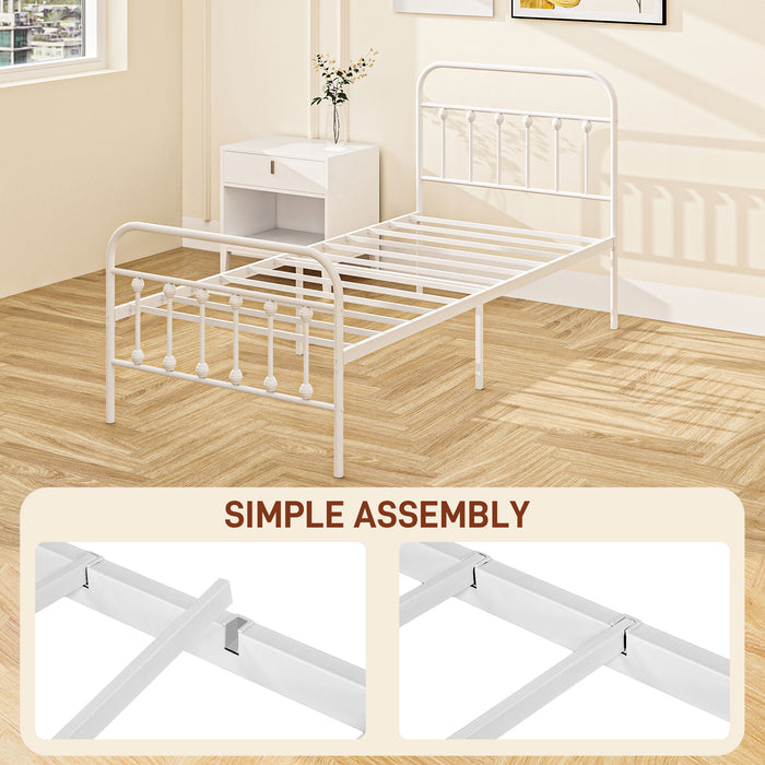 3ft Metal Single Platform Bed Frame w/ Underbed Storage Headboard White