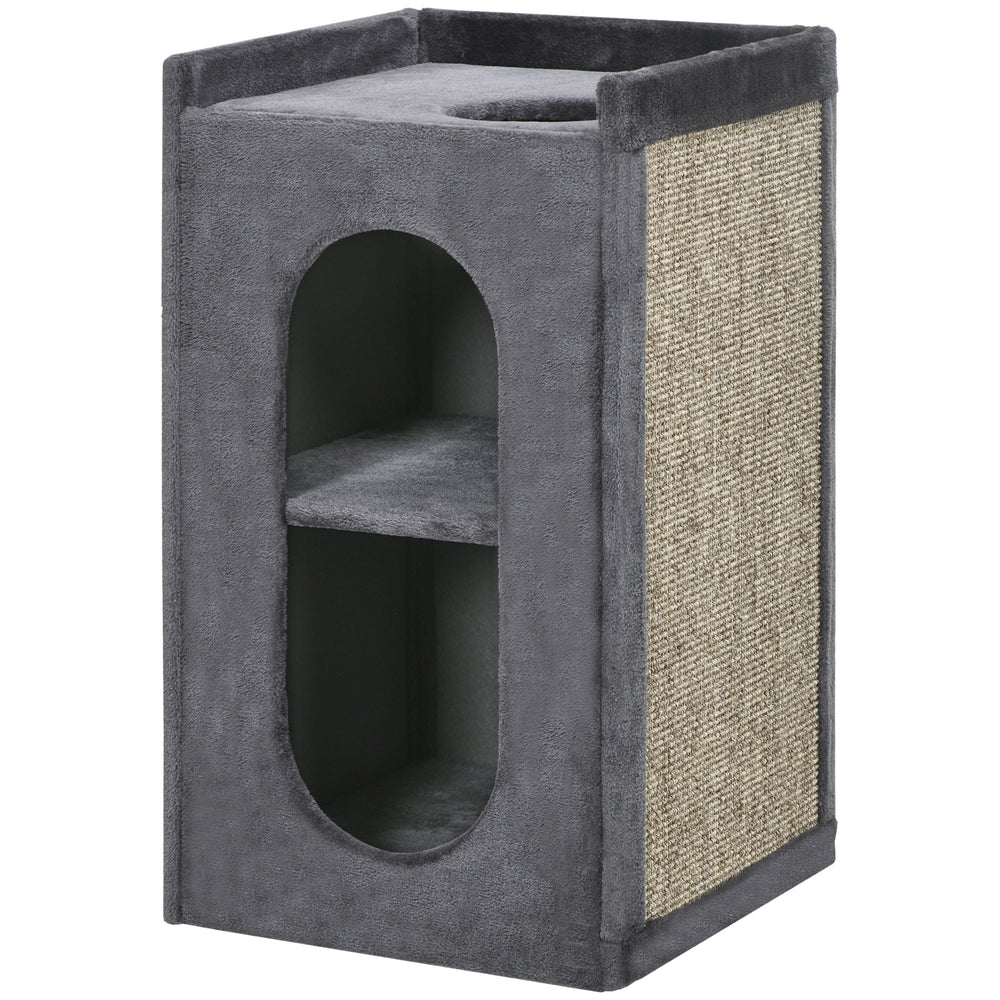 81 cm Cat Scratching Barrel with 2 Cat Condos, Cat Play Tower with Scratching Pad, Cat Scratching Tree for Indoor Cats, Grey