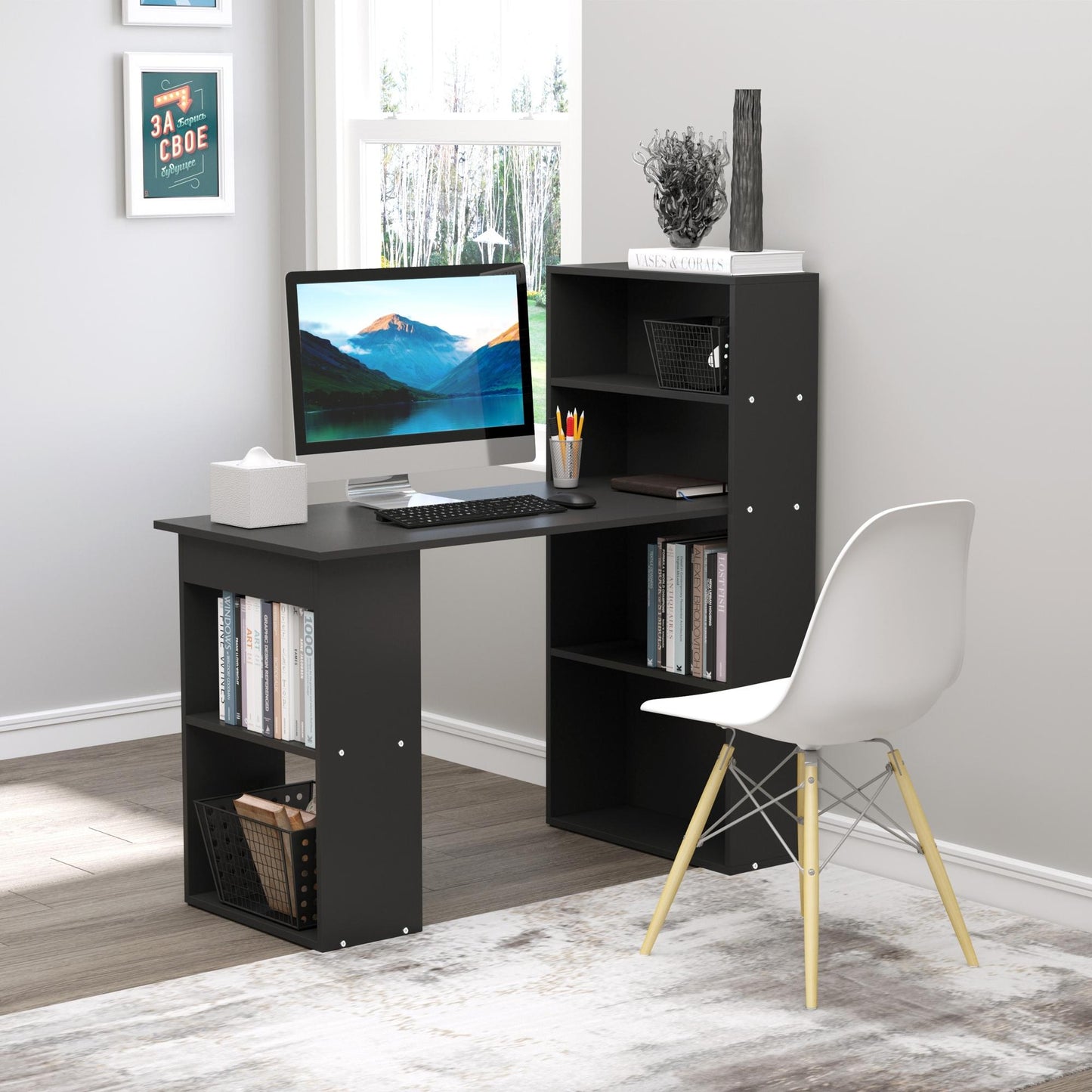 120cm Computer Desk Bookshelf Writing Table 6 Shelves Black