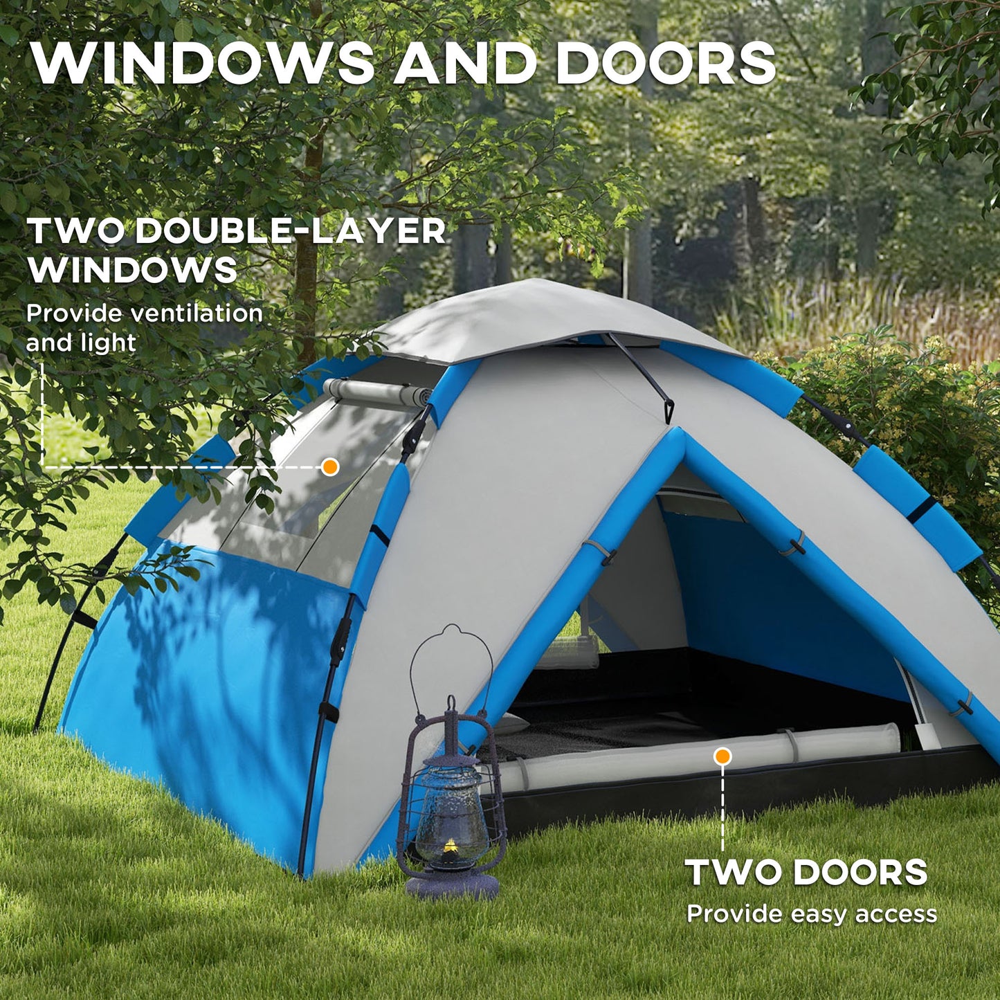 3-4 Man Camping Tent Portable with Bag, Quick Setup, Blue
