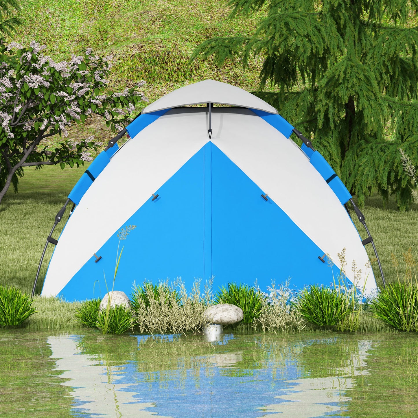 3-4 Man Camping Tent Portable with Bag, Quick Setup, Blue