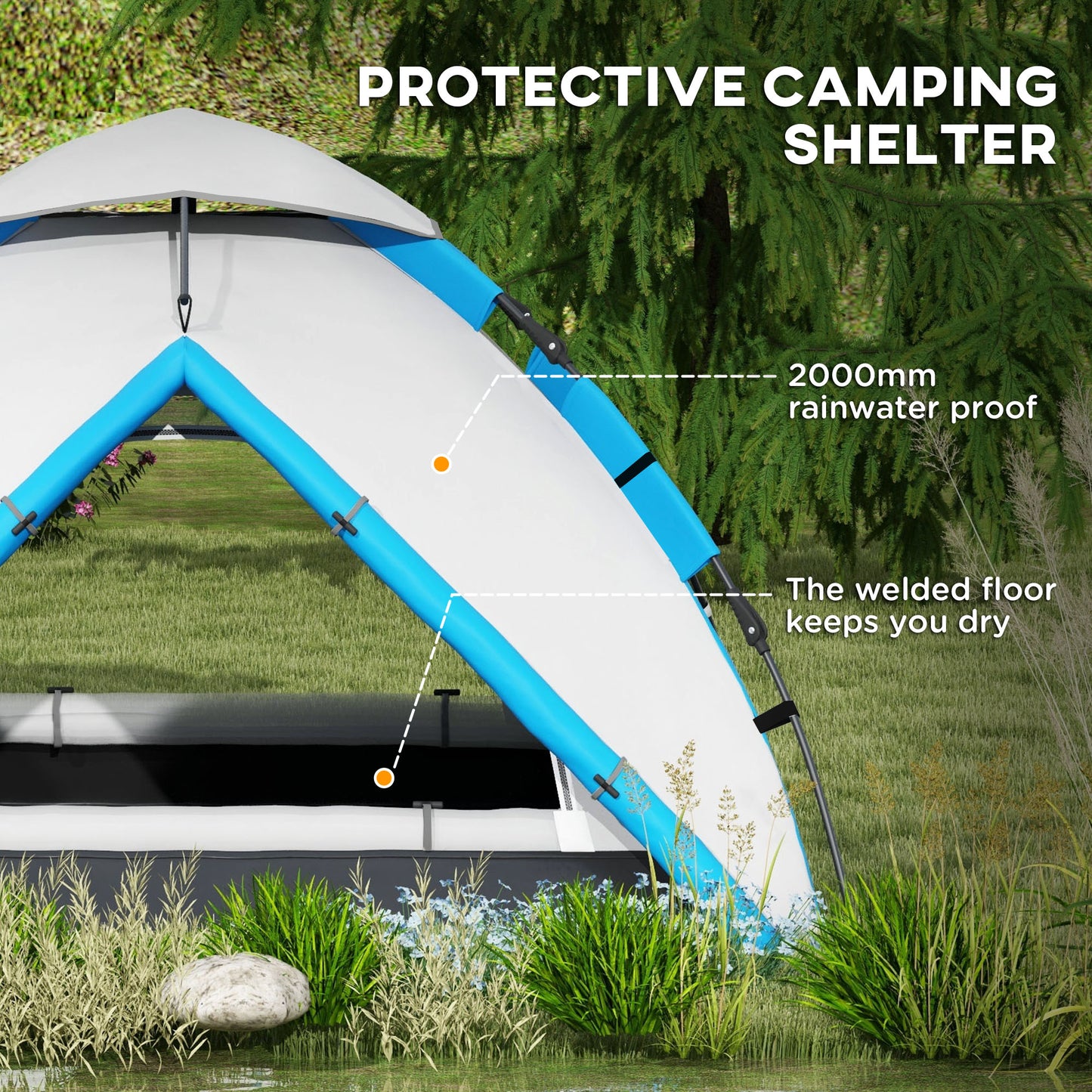 3-4 Man Camping Tent Portable with Bag, Quick Setup, Blue