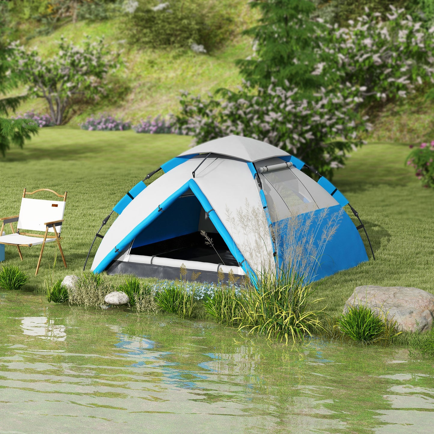 3-4 Man Camping Tent Portable with Bag, Quick Setup, Blue