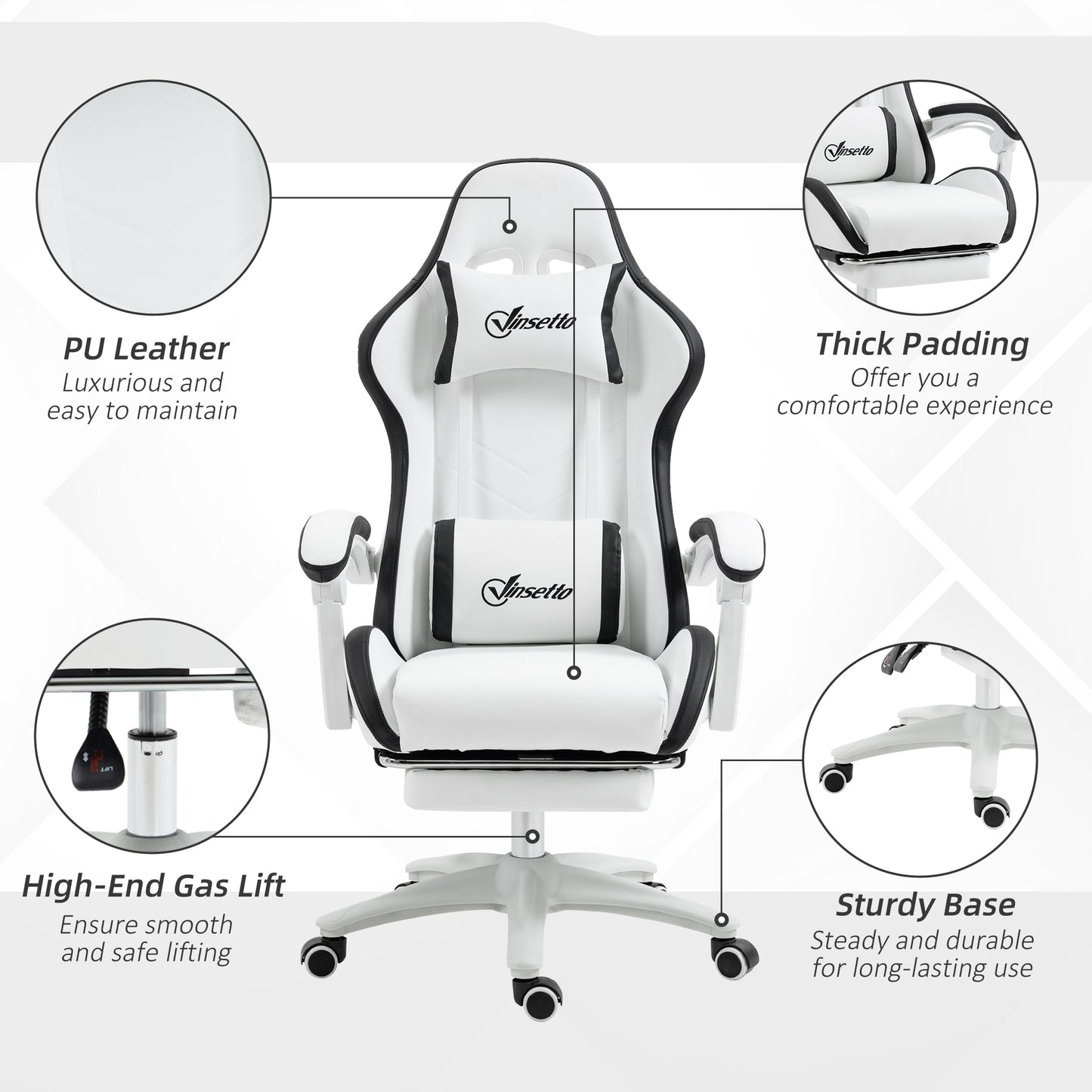 omputer Gaming Chair, PU Leather Office Desk Chair with Footrest, Swivel Wheels, 135° Reclining Back, Lumbar Support, Headrest for Home, White and Black