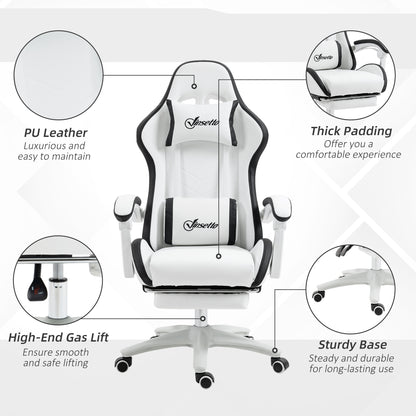 omputer Gaming Chair, PU Leather Office Desk Chair with Footrest, Swivel Wheels, 135° Reclining Back, Lumbar Support, Headrest for Home, White and Black