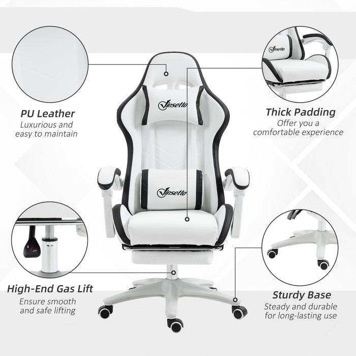 Racing Gaming Chair, Reclining PU Leather Computer Chair with 360 Degree Swivel Seat, Footrest, Removable Headrest White and Black