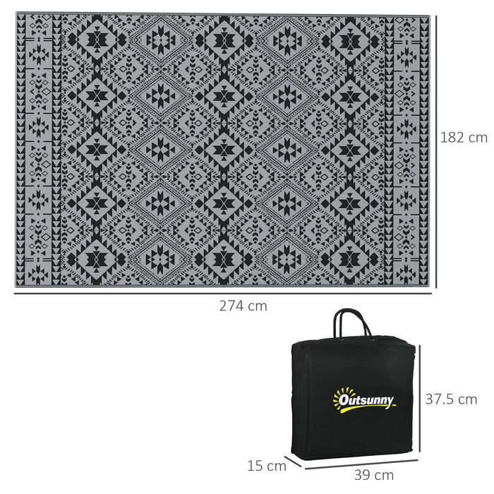 Plastic Straw Reversible RV Outdoor Rug with Carry Bag, 182 x 274cm, Black and Grey