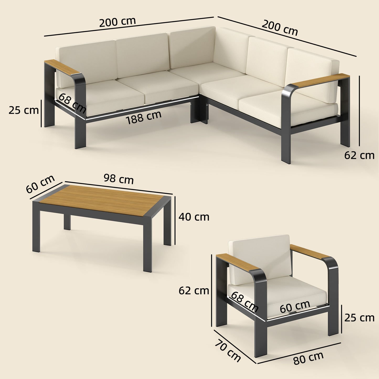 Garden Furniture Set with L-Shaped Sofa, Armchair and Table