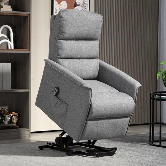 Linen-Look Electric Riser Recliner Chair with Remote, Side Pockets and Footrest - Grey