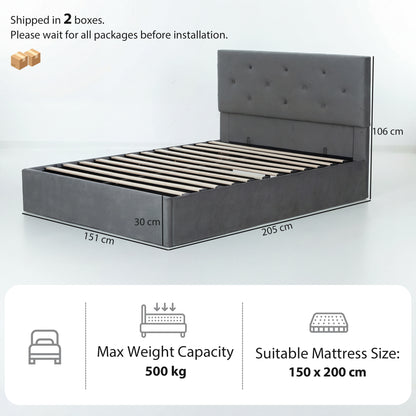 King Size Bed Frame Gas Side Lift Under Bed Storage Dark Grey