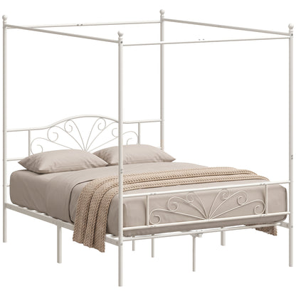 Canopy Bed Frame Double Size, Metal Platform Bed Frame, White