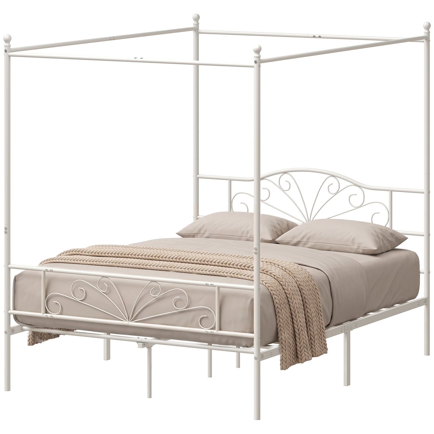 Canopy Bed Frame Double Size, Metal Platform Bed Frame, White