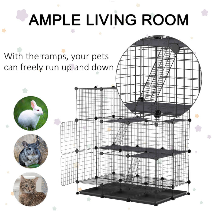 3 Level DIY Pet Playpen Metal Small Animal Cage Guinea Pig Rabbit Ferret Chinchillas Cage 4 Doors Bottom Trays Black