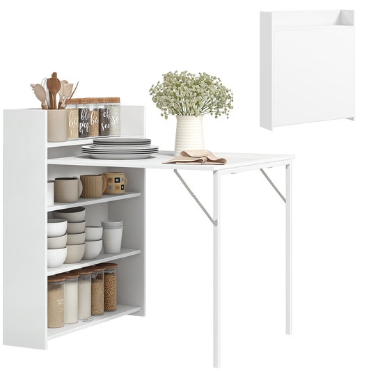 Folding Dining Table, Kitchen Table for 3 People with 4-Tier Shelves, Modern Drop-Leaf Table for Small Spaces, White