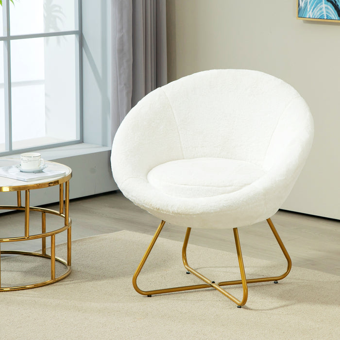 Faux Fur Comfy Chair with Golden Metal Legs, Non-Slip Footpad, White