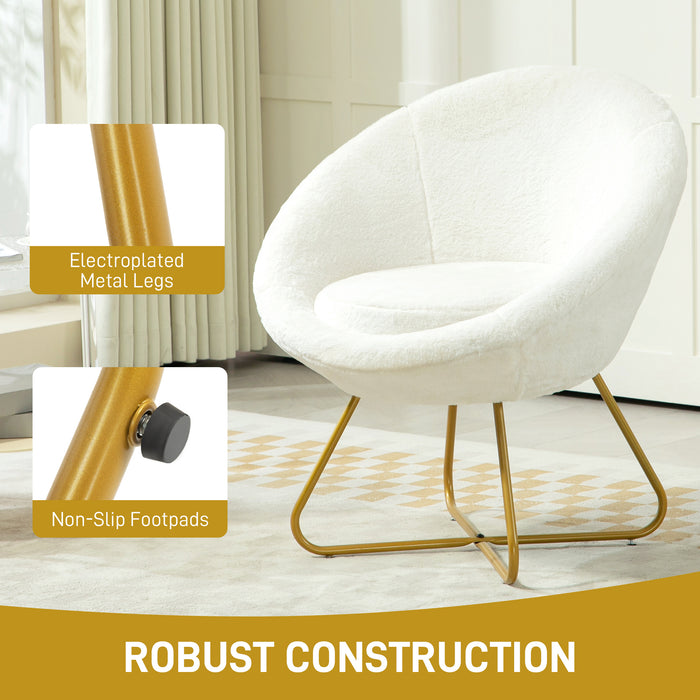 Faux Fur Comfy Chair with Golden Metal Legs, Non-Slip Footpad, White