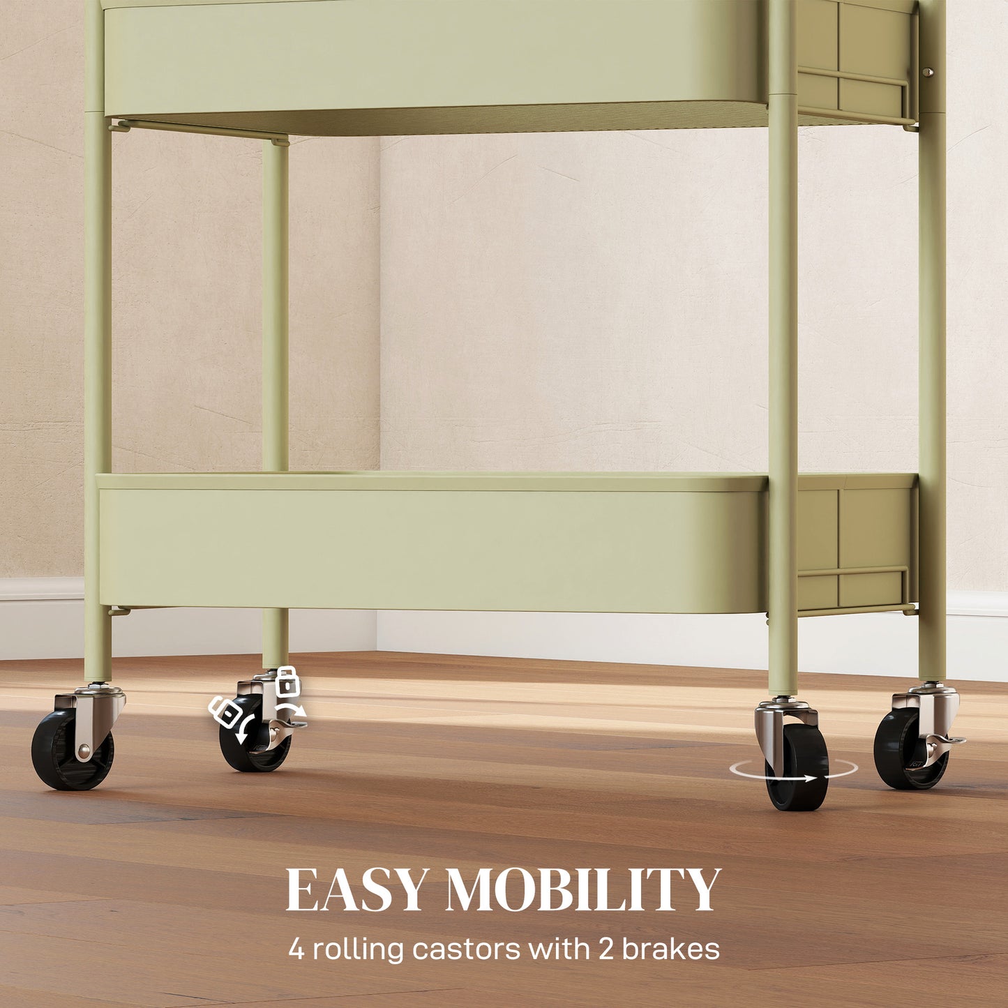 3 Tier Rolling Utility Cart with 3 Mesh Basket, Green