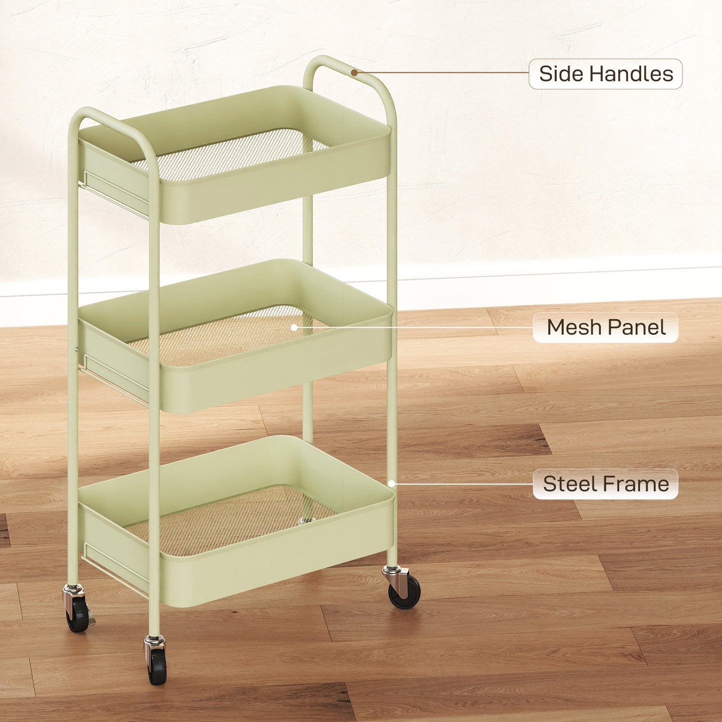 3 Tier Rolling Utility Cart with 3 Mesh Basket, Green