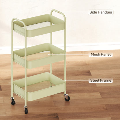 3 Tier Rolling Utility Cart with 3 Mesh Basket, Green