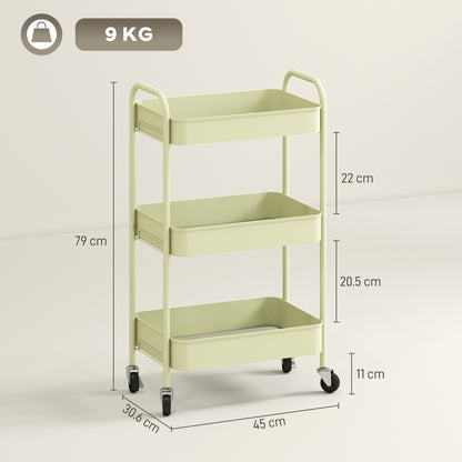 3 Tier Rolling Utility Cart with 3 Mesh Basket, Green