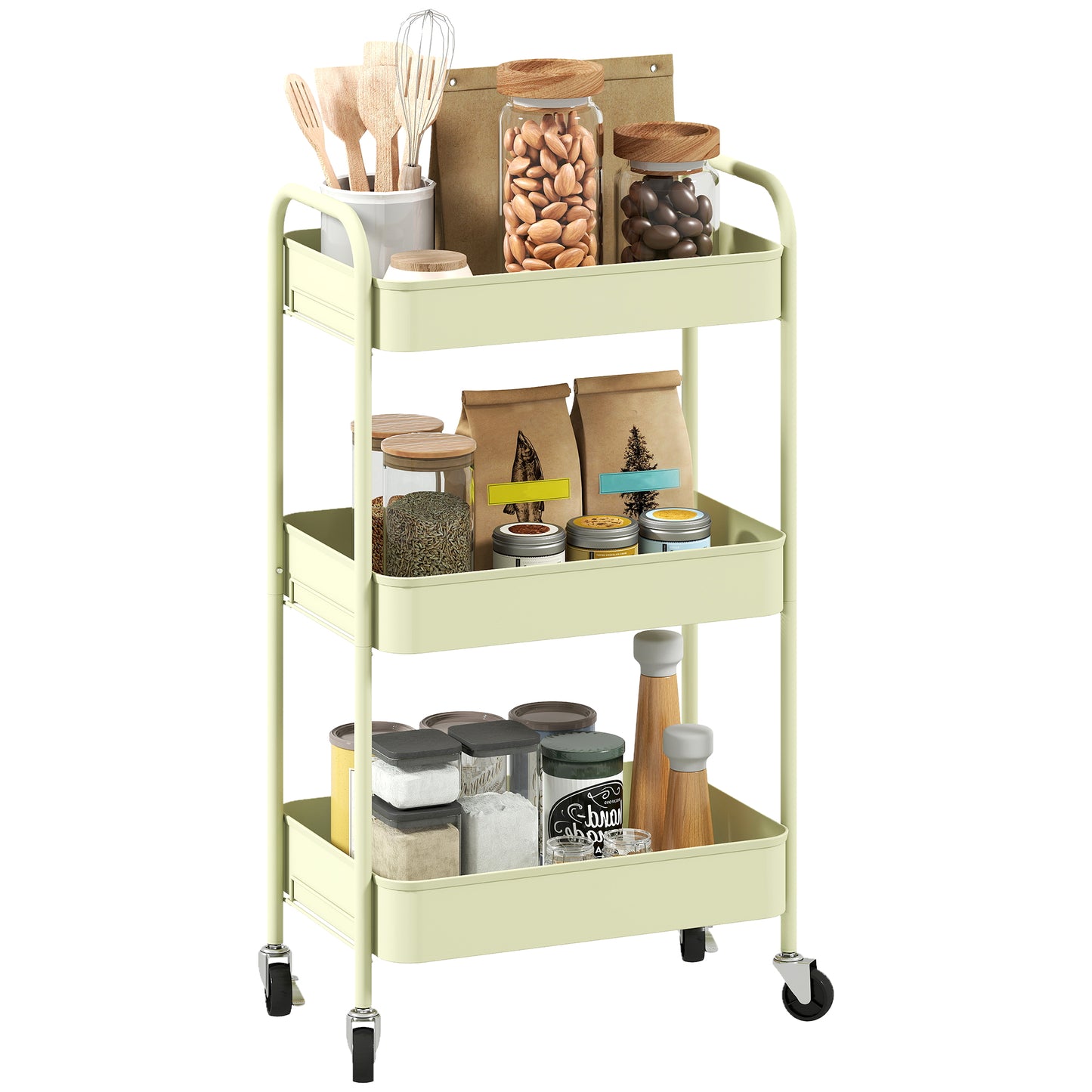 3 Tier Rolling Utility Cart with 3 Mesh Basket, Green
