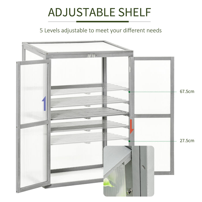 Wooden Cold Frame Greenhouse Garden Polycarbonate Grow House w/ Adjustable Shelf, Double Doors, 76 x 47 x 110 cm, Grey