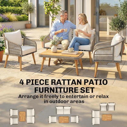 4 Piece Rattan Garden Furniture Set w/ Thick Cushions, Cream White