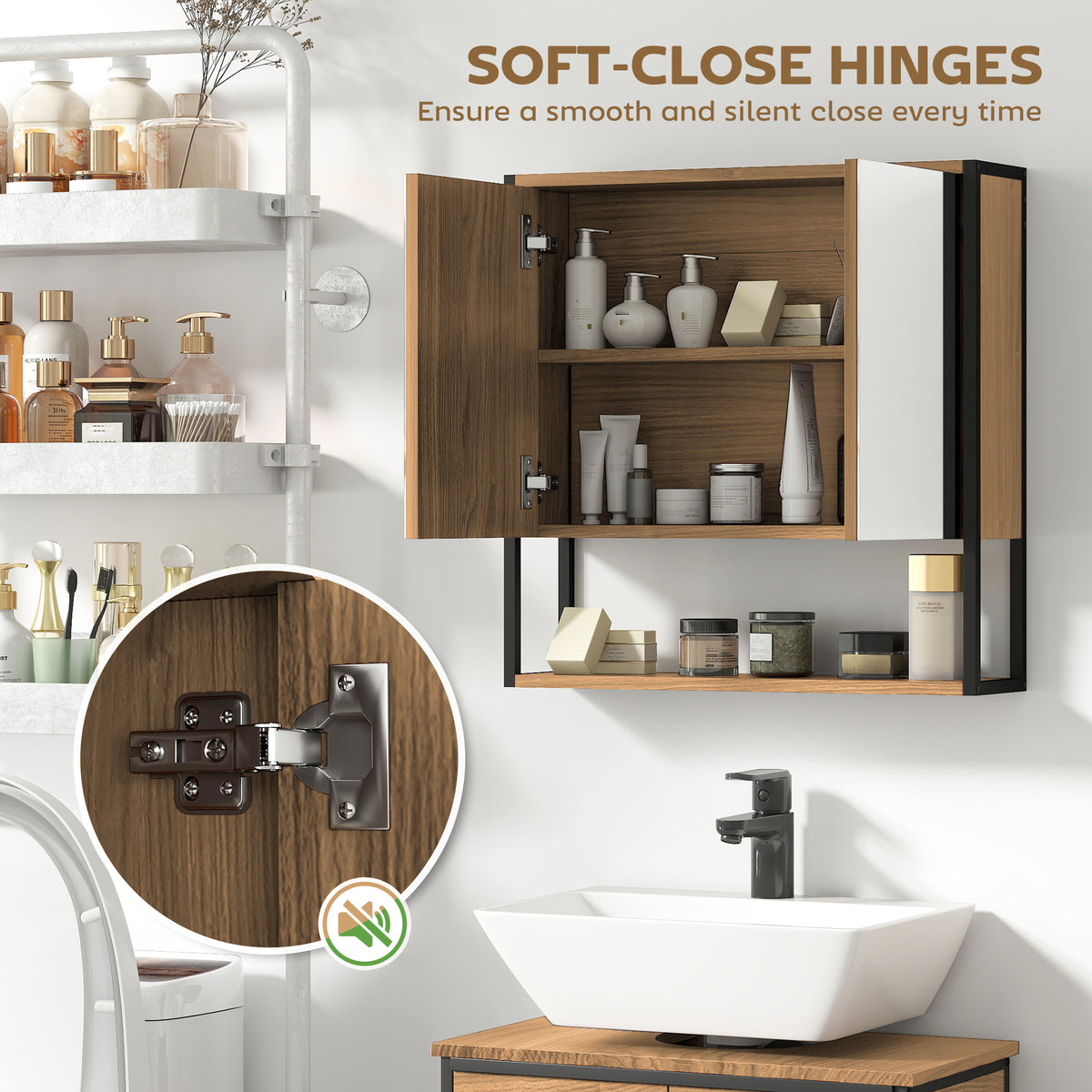 Industrial Bathroom Cabinet with 2 Mirrored Doors Open Shelf, Natural