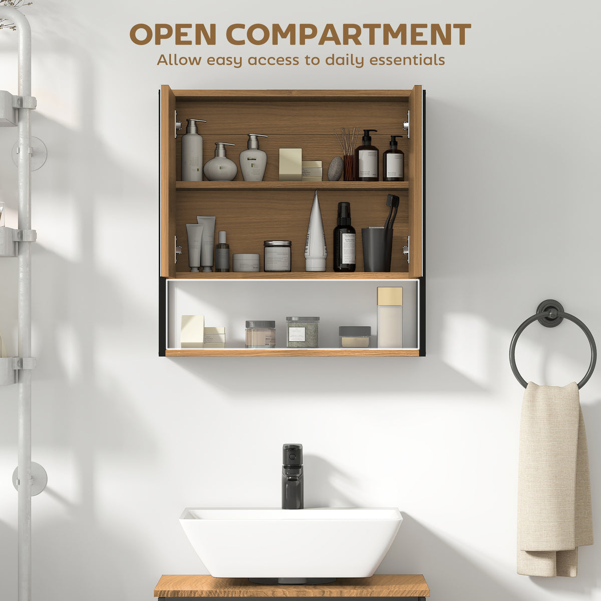 Industrial Bathroom Cabinet with 2 Mirrored Doors Open Shelf, Natural