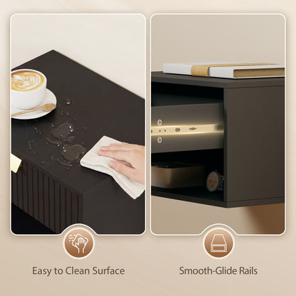 Floating Bedside Tables Set of 2 with Fluted Drawer Open Shelf Black