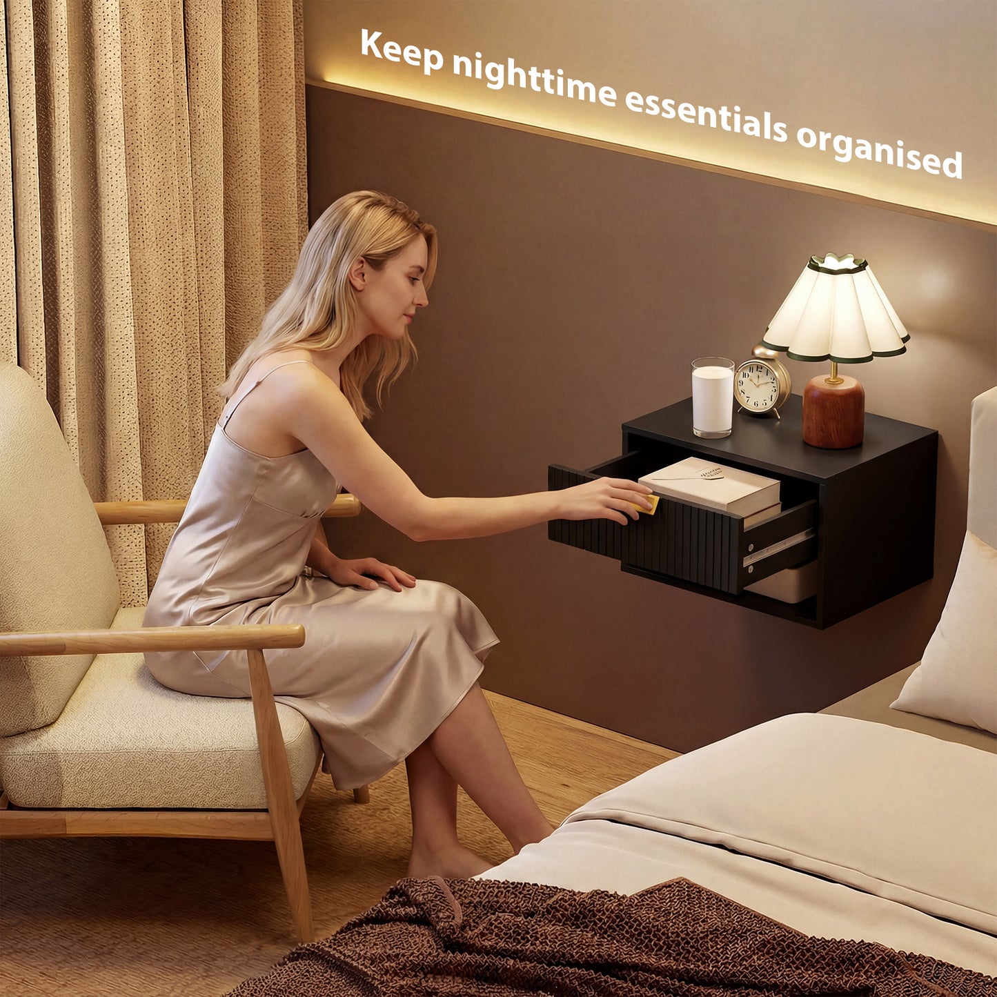 Floating Bedside Tables Set of 2 with Fluted Drawer Open Shelf Black