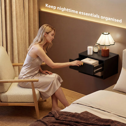 Floating Bedside Tables Set of 2 with Fluted Drawer Open Shelf Black