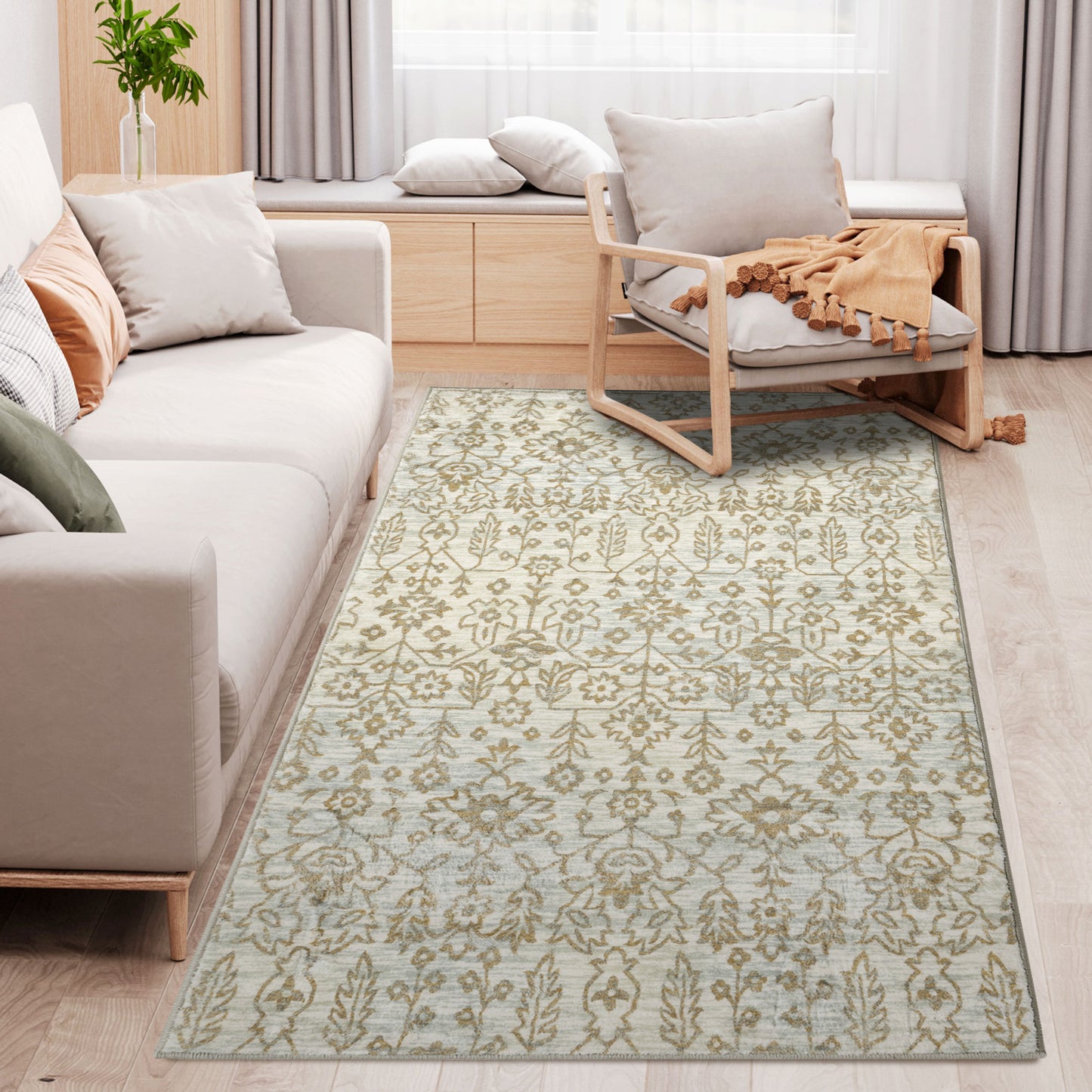 Green Rug Floral Pattern Carpet for Living Room, Bedroom, 150 x 80cm