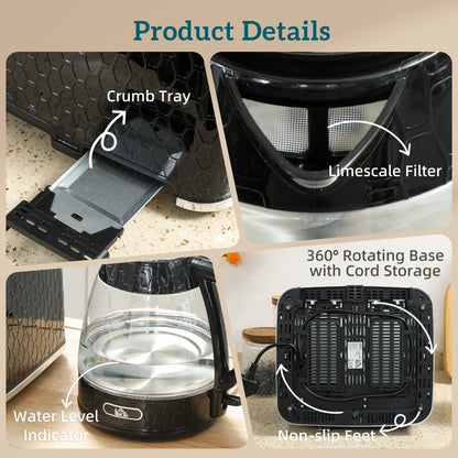 Kettle and Toaster Set with Strix Thermostat, Crumb Tray, Black