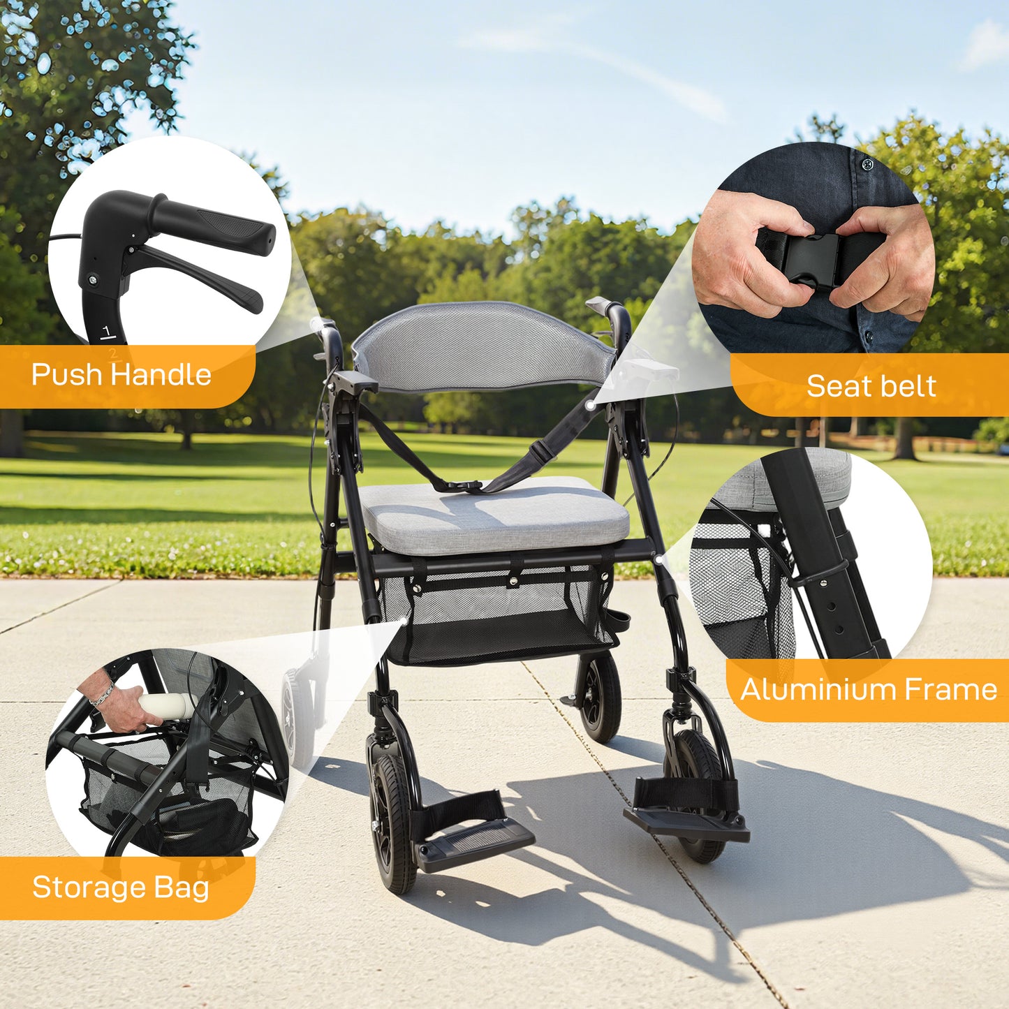 2-in-1 Mobility Walker with Seat, Foldable Rollator with Footrests
