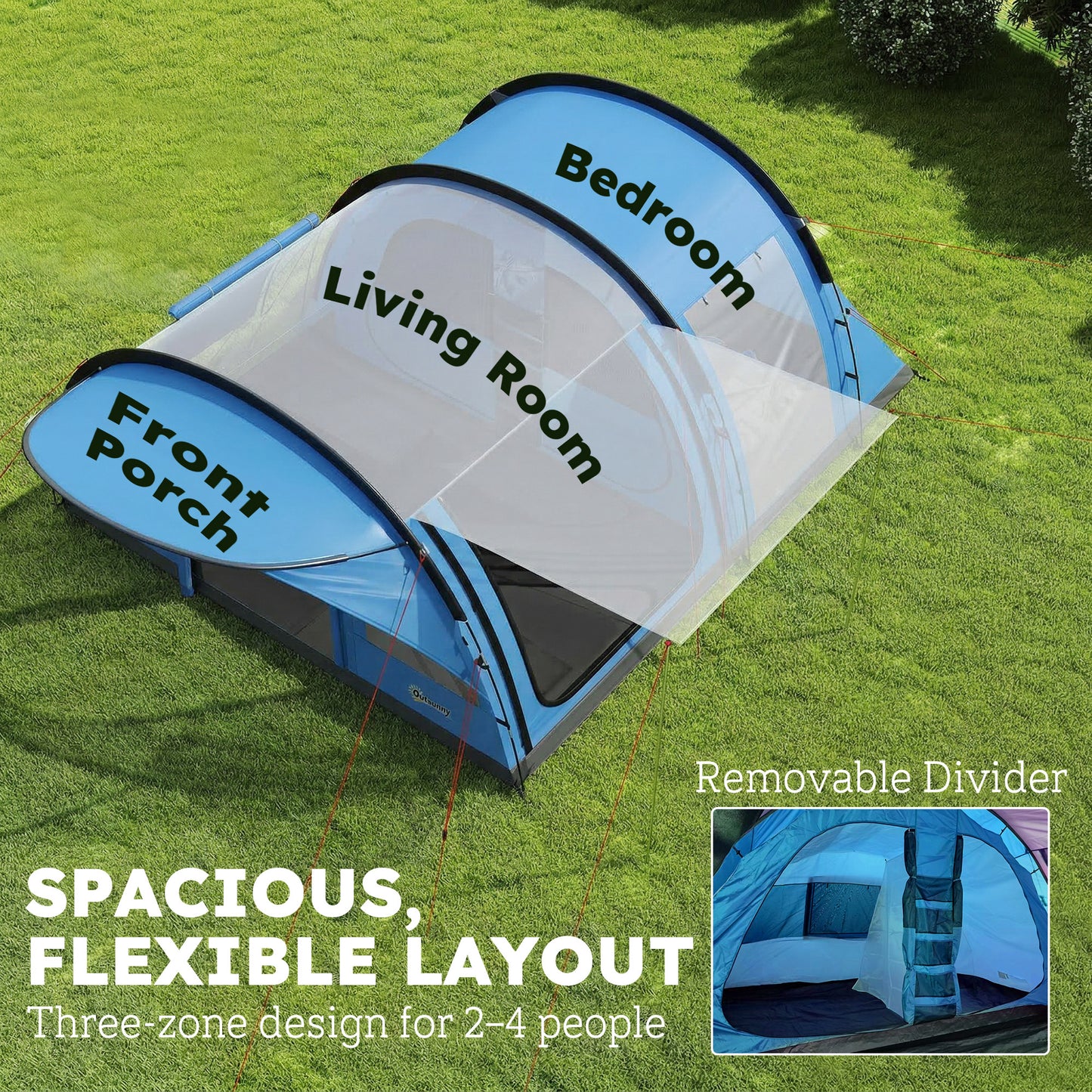 4 Person Easy Setup Family Camping Tent with 2 Rooms, Waterproof Tunnel Tent w/ Sewn In Groundsheet, Doors, Windows, Storage Pockets and Carrying Bag, Sky Blue & Grey