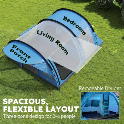 4 Person Easy Setup Family Camping Tent with 2 Rooms, Waterproof Tunnel Tent w/ Sewn In Groundsheet, Doors, Windows, Storage Pockets and Carrying Bag, Sky Blue & Grey