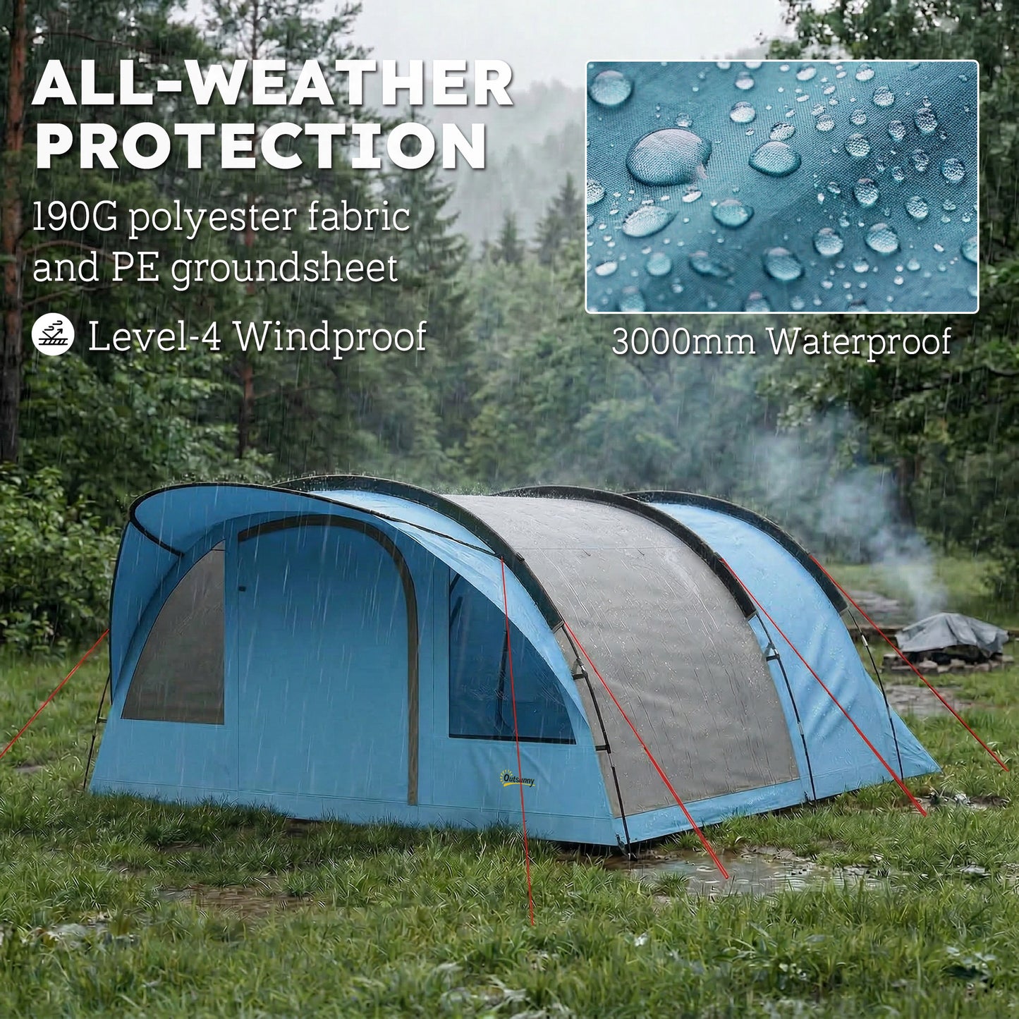 4 Person Easy Setup Family Camping Tent with 2 Rooms, Waterproof Tunnel Tent w/ Sewn In Groundsheet, Doors, Windows, Storage Pockets and Carrying Bag, Sky Blue & Grey