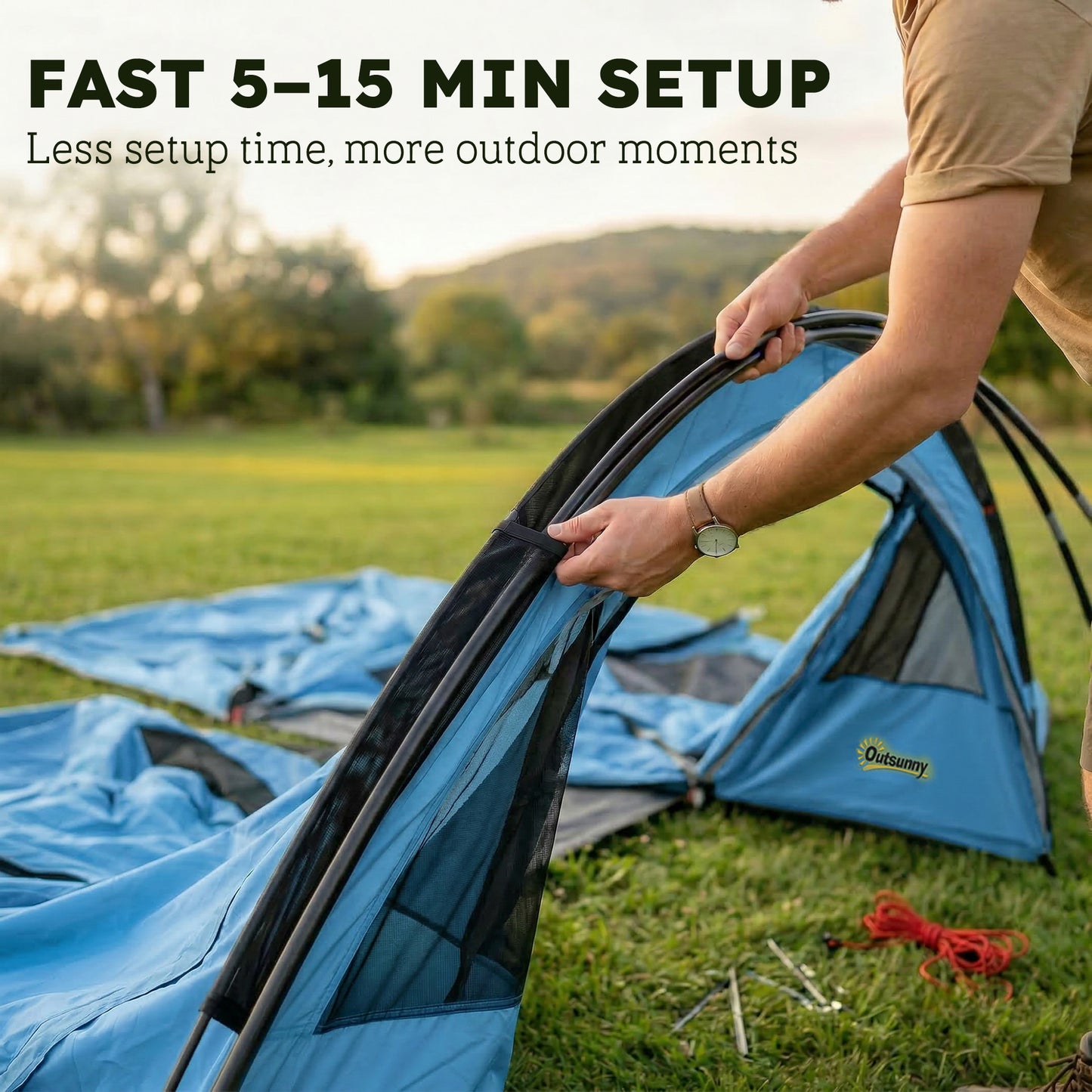 4 Person Easy Setup Family Camping Tent with 2 Rooms, Waterproof Tunnel Tent w/ Sewn In Groundsheet, Doors, Windows, Storage Pockets and Carrying Bag, Sky Blue & Grey
