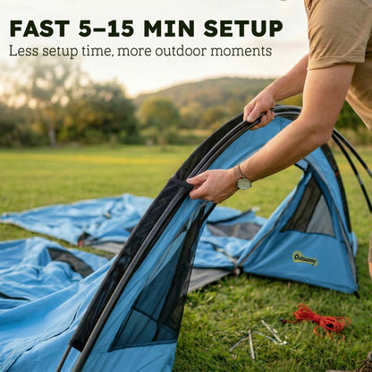 4 Person Easy Setup Family Camping Tent with 2 Rooms, Waterproof Tunnel Tent w/ Sewn In Groundsheet, Doors, Windows, Storage Pockets and Carrying Bag, Sky Blue & Grey