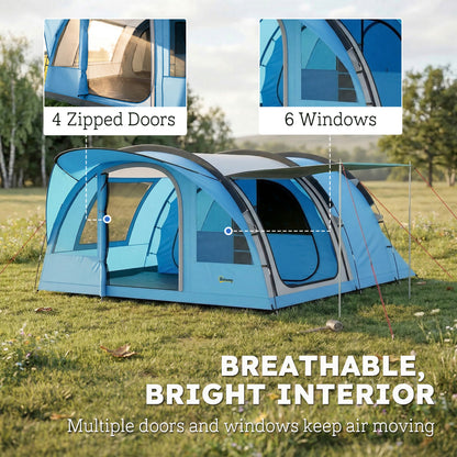 4 Person Easy Setup Family Camping Tent with 2 Rooms, Waterproof Tunnel Tent w/ Sewn In Groundsheet, Doors, Windows, Storage Pockets and Carrying Bag, Sky Blue & Grey