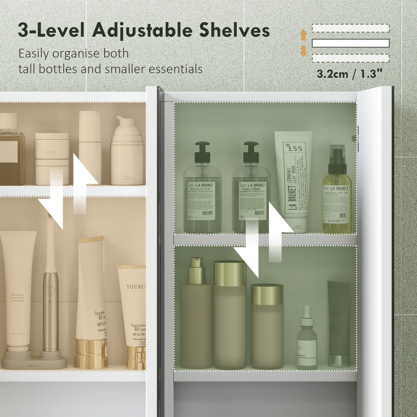 Bathroom Mirror Cabinet with 4 Adjustable Shelves, White