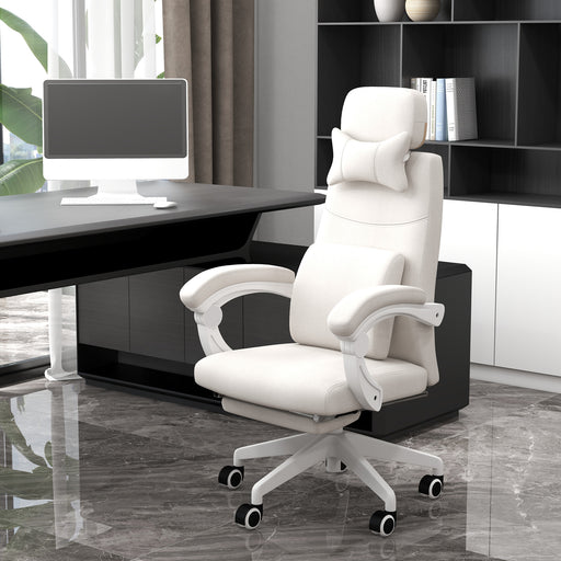 High Back Office Chair Reclining Computer Chair with Footrest Lumbar Support Adjustable Height Swivel Wheels White