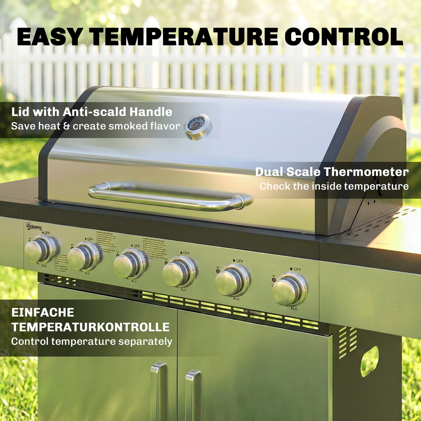 6 Burner Liquid Propane Gas BBQ Grill, Portable Gas Barbecue Grill