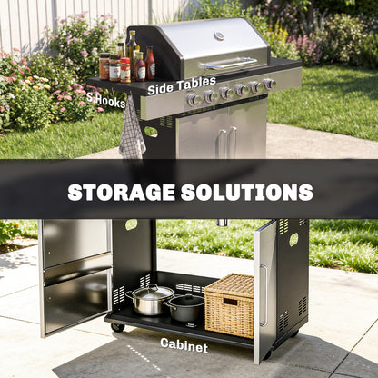 6 Burner Liquid Propane Gas BBQ Grill, Portable Gas Barbecue Grill
