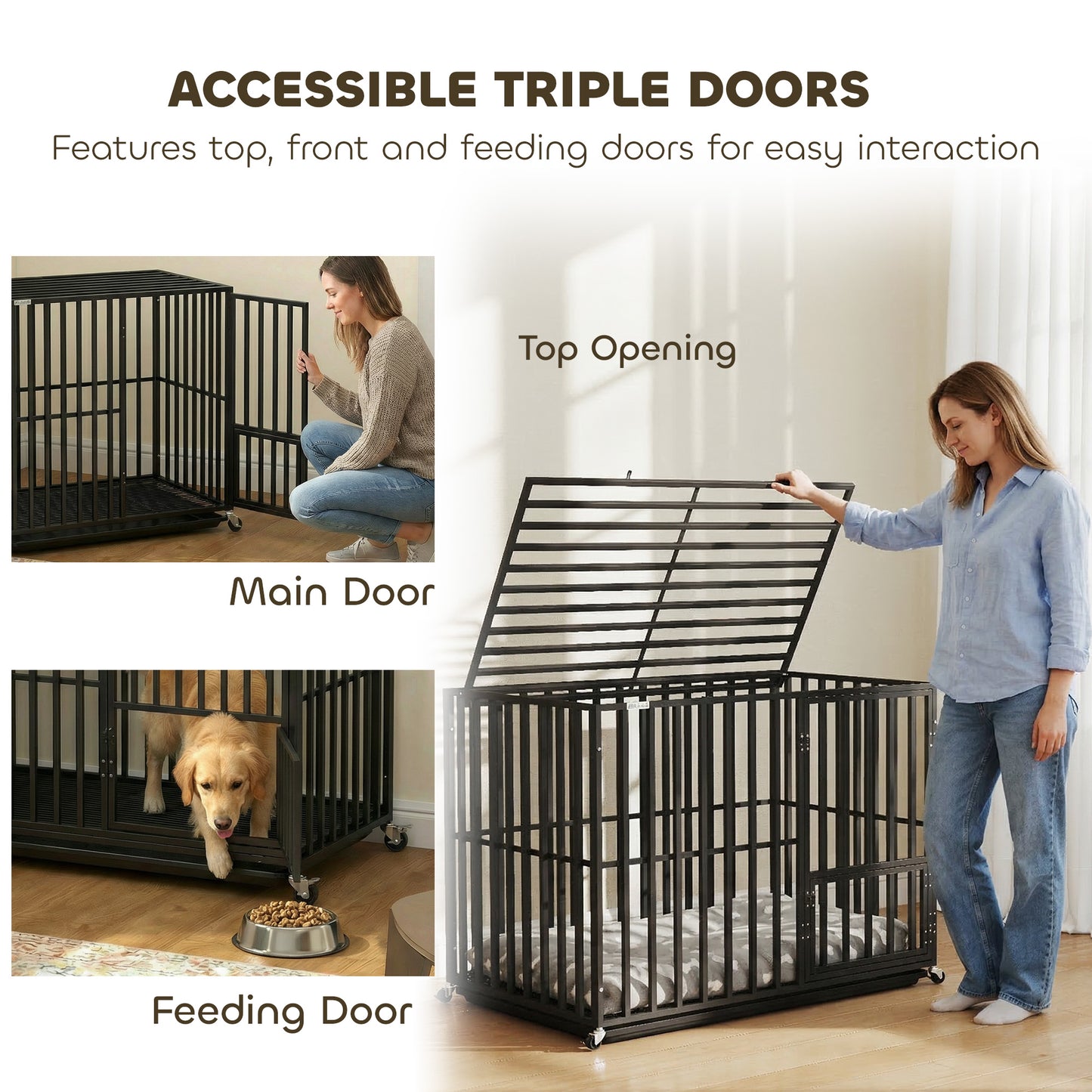 Heavy Duty Dog Crate, Dog Cage with Wheels for Medium Large Breeds