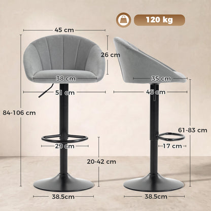 Bar Stools Set of 2 Velvet Adjustable Swivel Light Grey