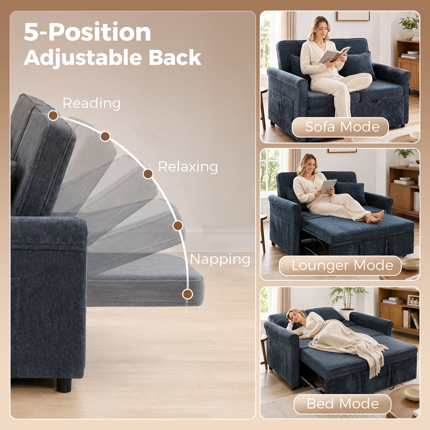 2 Seater Sofa Bed, 3-in-1 Convertible Pull Out Sofa Bed, Dark Blue