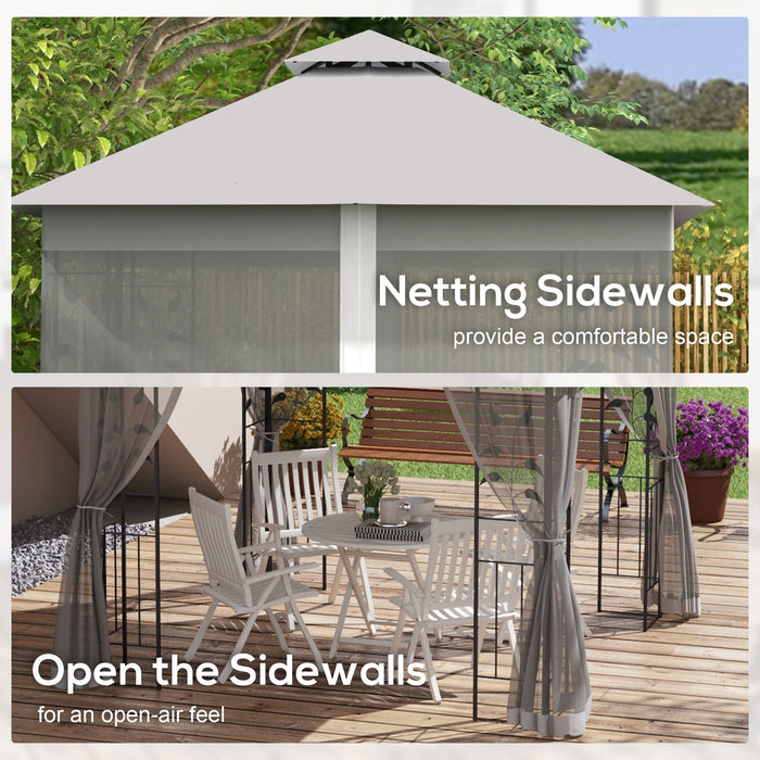 3(m) x 3(m) Double Roof Outdoor Garden Gazebo Canopy Shelter with Netting, Solid Steel Frame, Grey